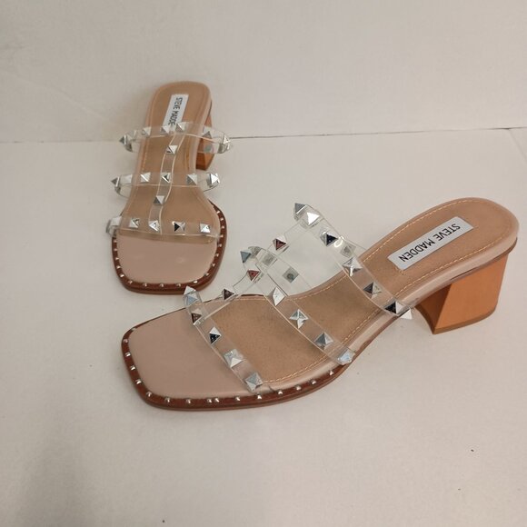 Steve Madden Studded Block Heel Clear Strappy Shoes Women’s Size 8M - Picture 2 of 12